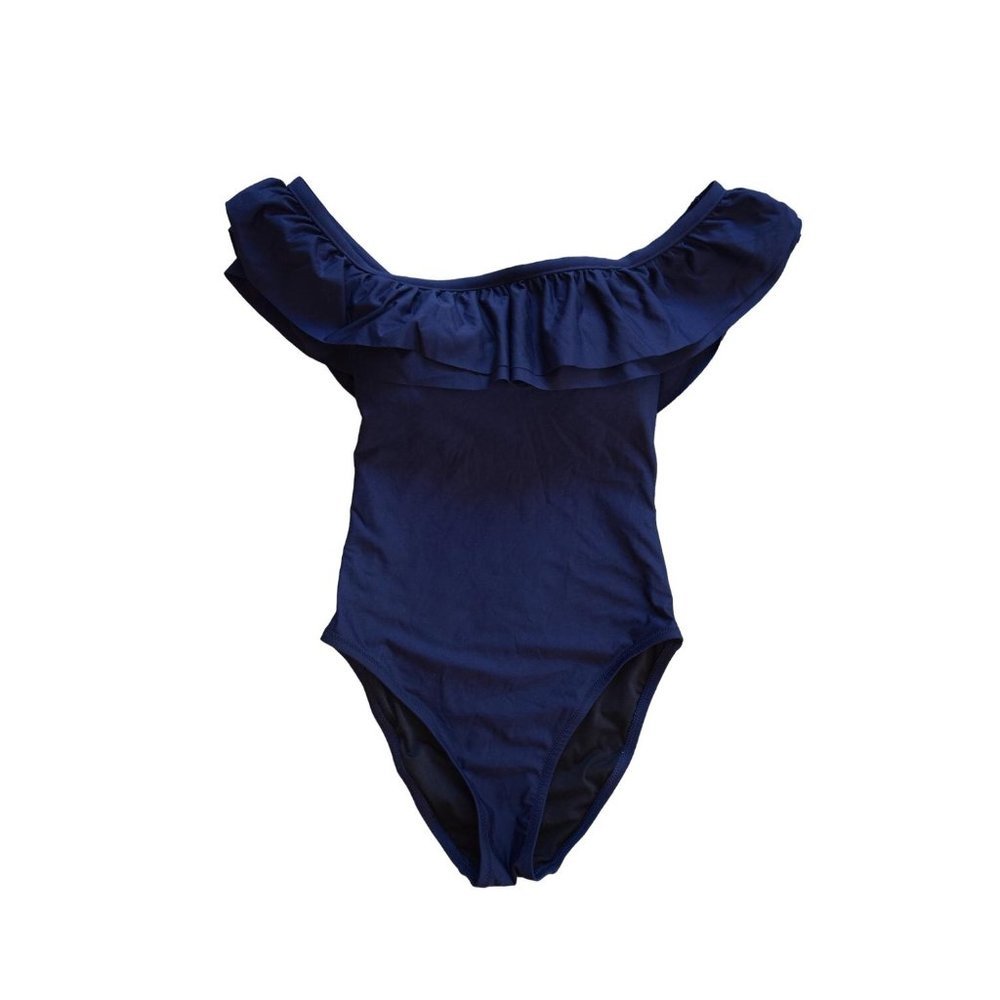 NEW JCrew $118 Off-The-Shoulder One-Piece Ruffle Swimsuit 6 Navy G7146